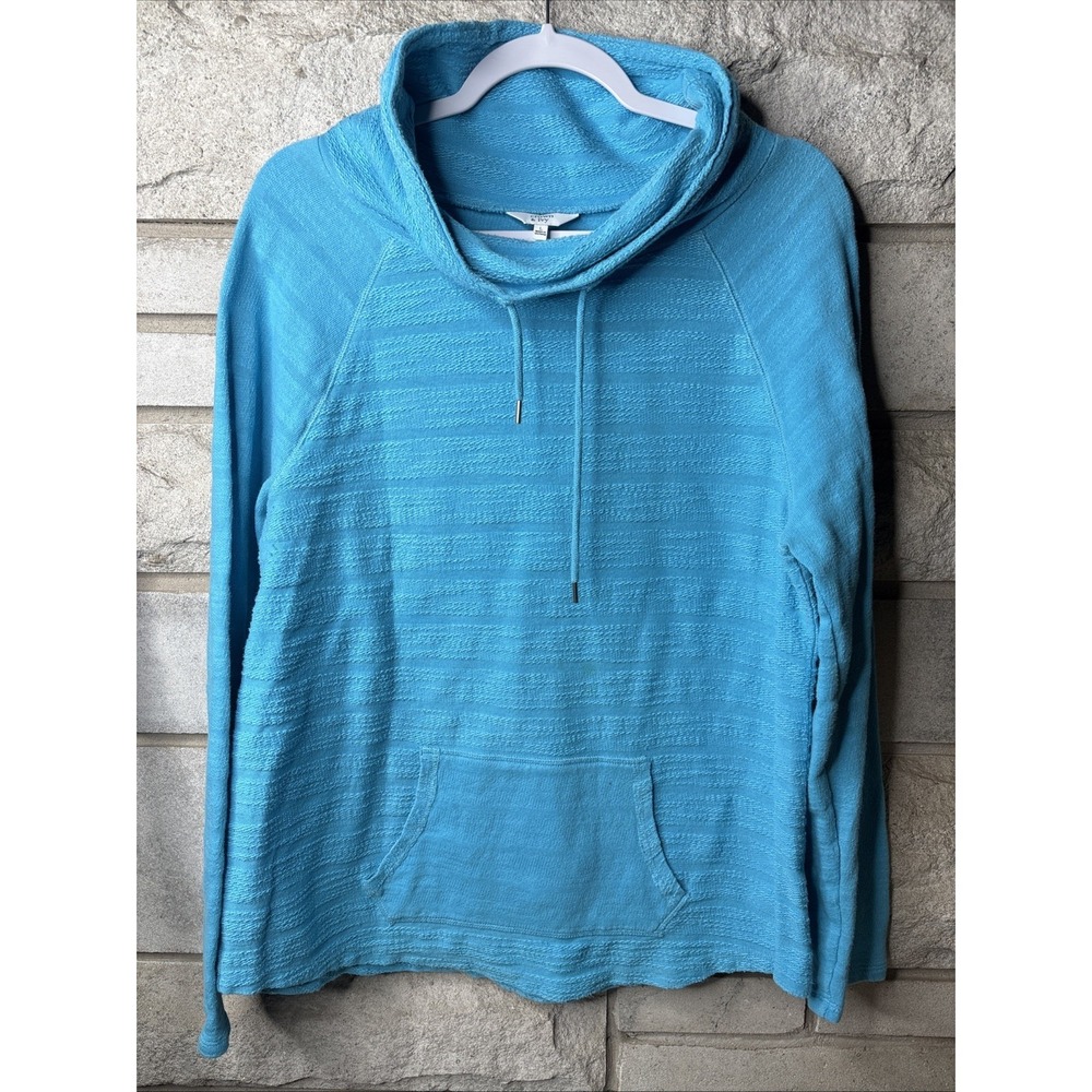 CROWN & IVY COWL NECK AQUA PULLOVER HOODIE LADIES SIZE LARGE STRIPED PATTERN